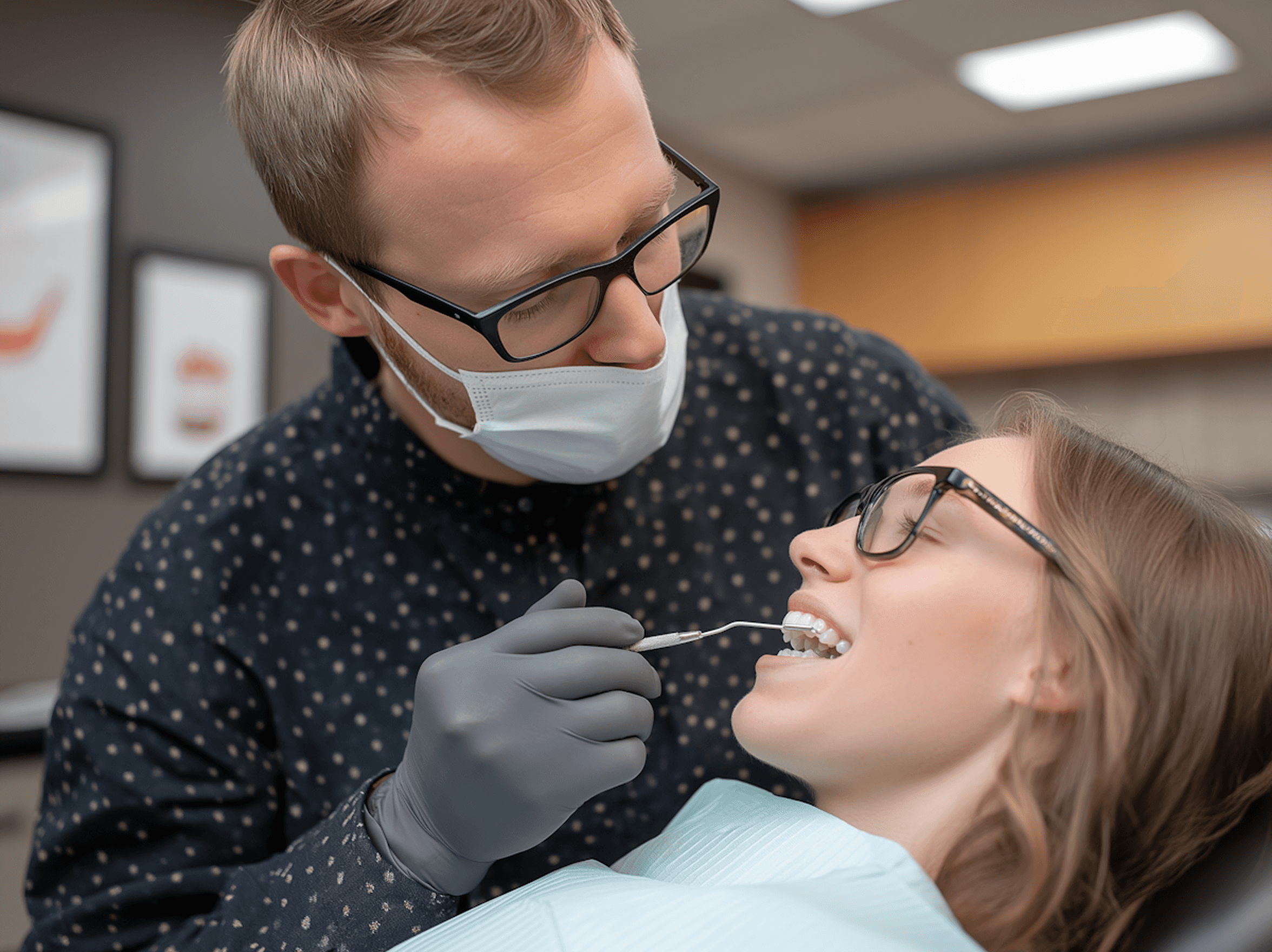 Dental professional examining patient’s teeth in modern clinic setting.