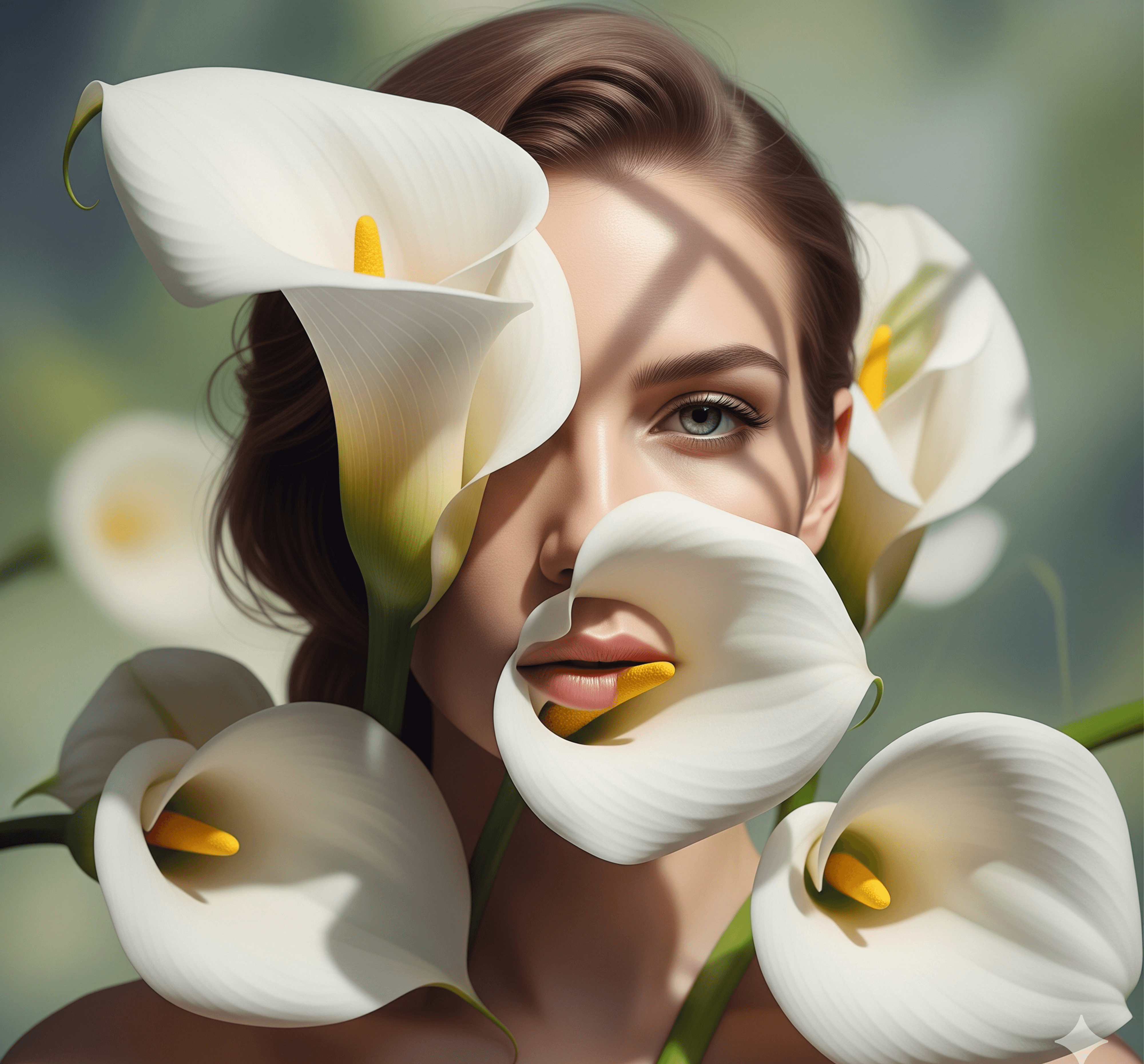 Close-up of woman’s face partially obscured by white calla lilies against soft green background