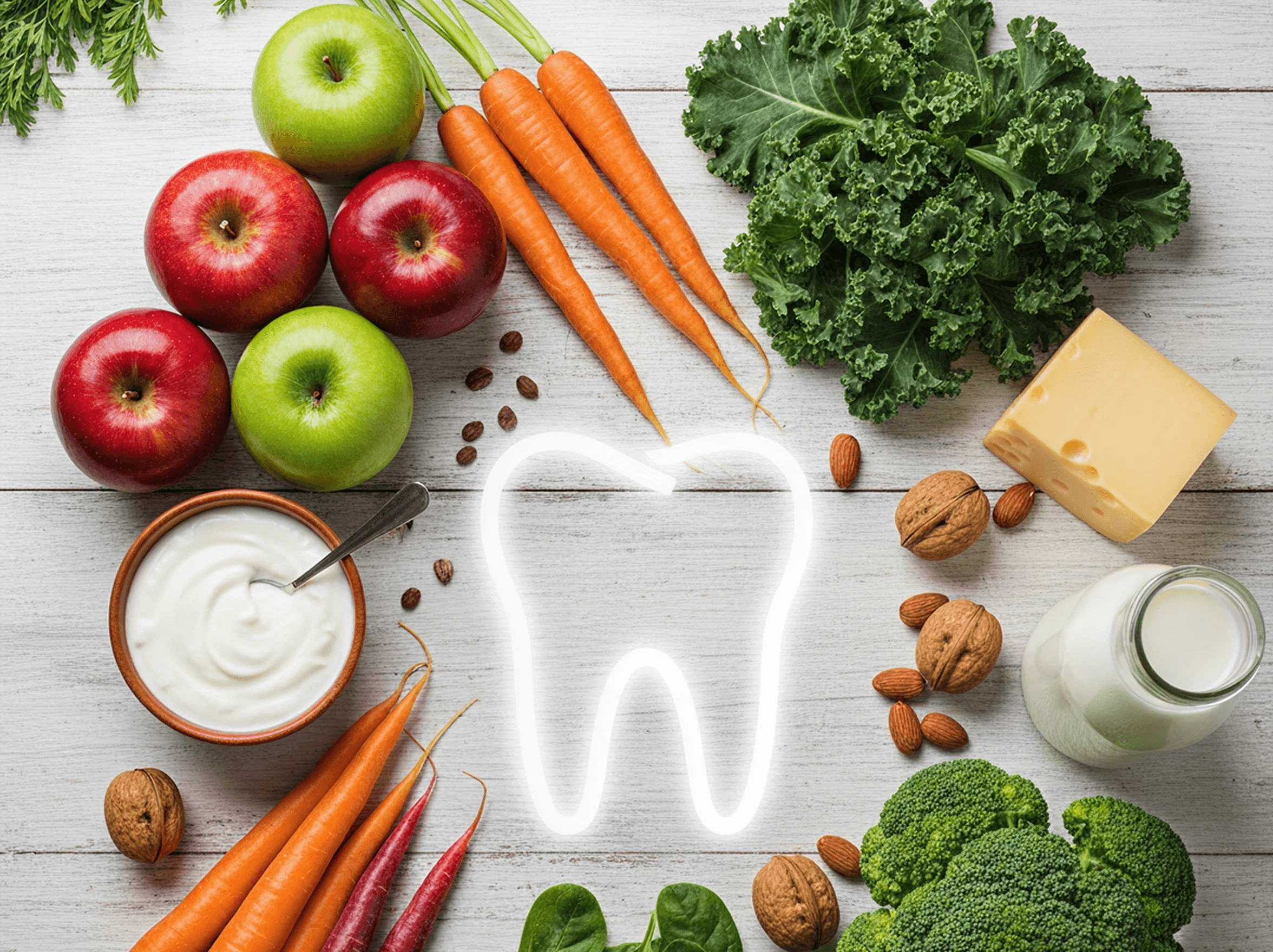 Healthy foods arranged around glowing tooth outline on white wooden surface.