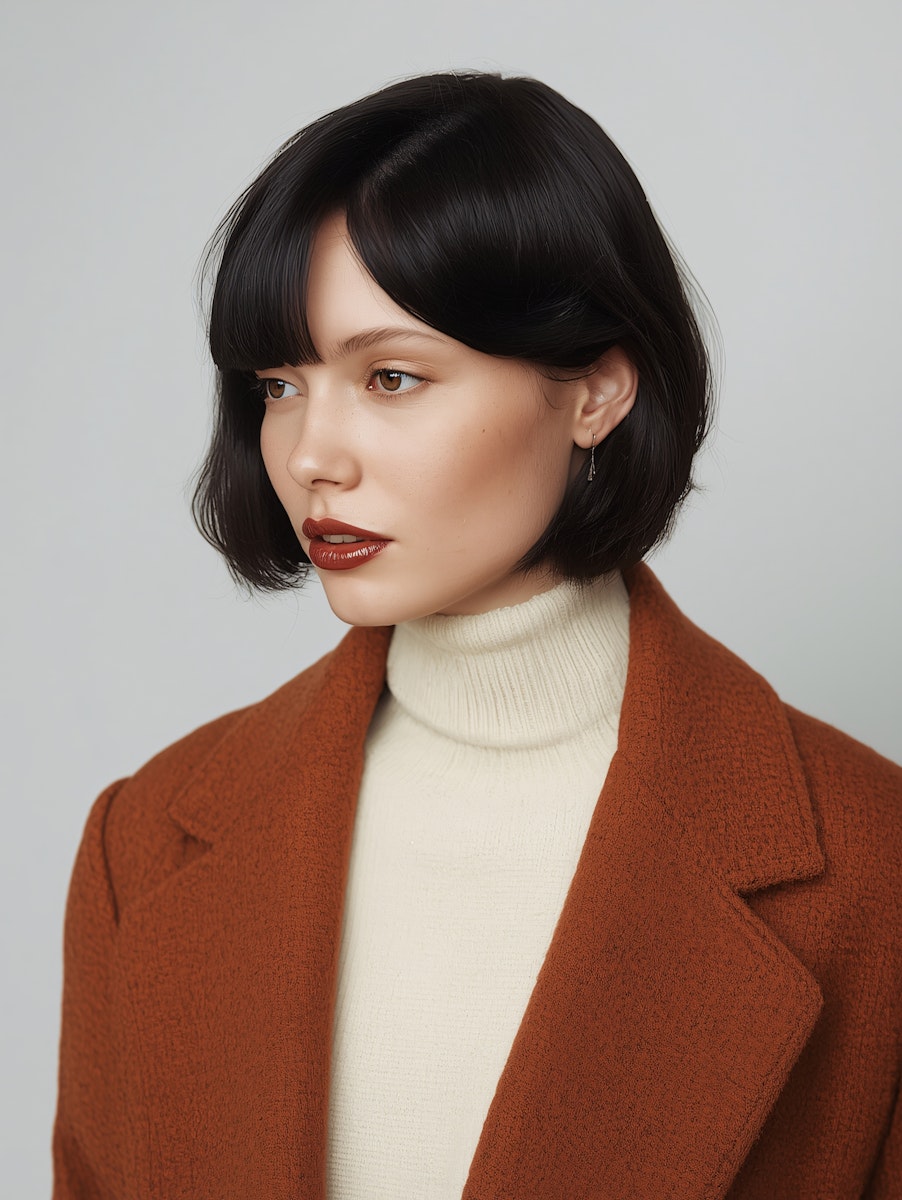 Person in rust coat and bob haircut