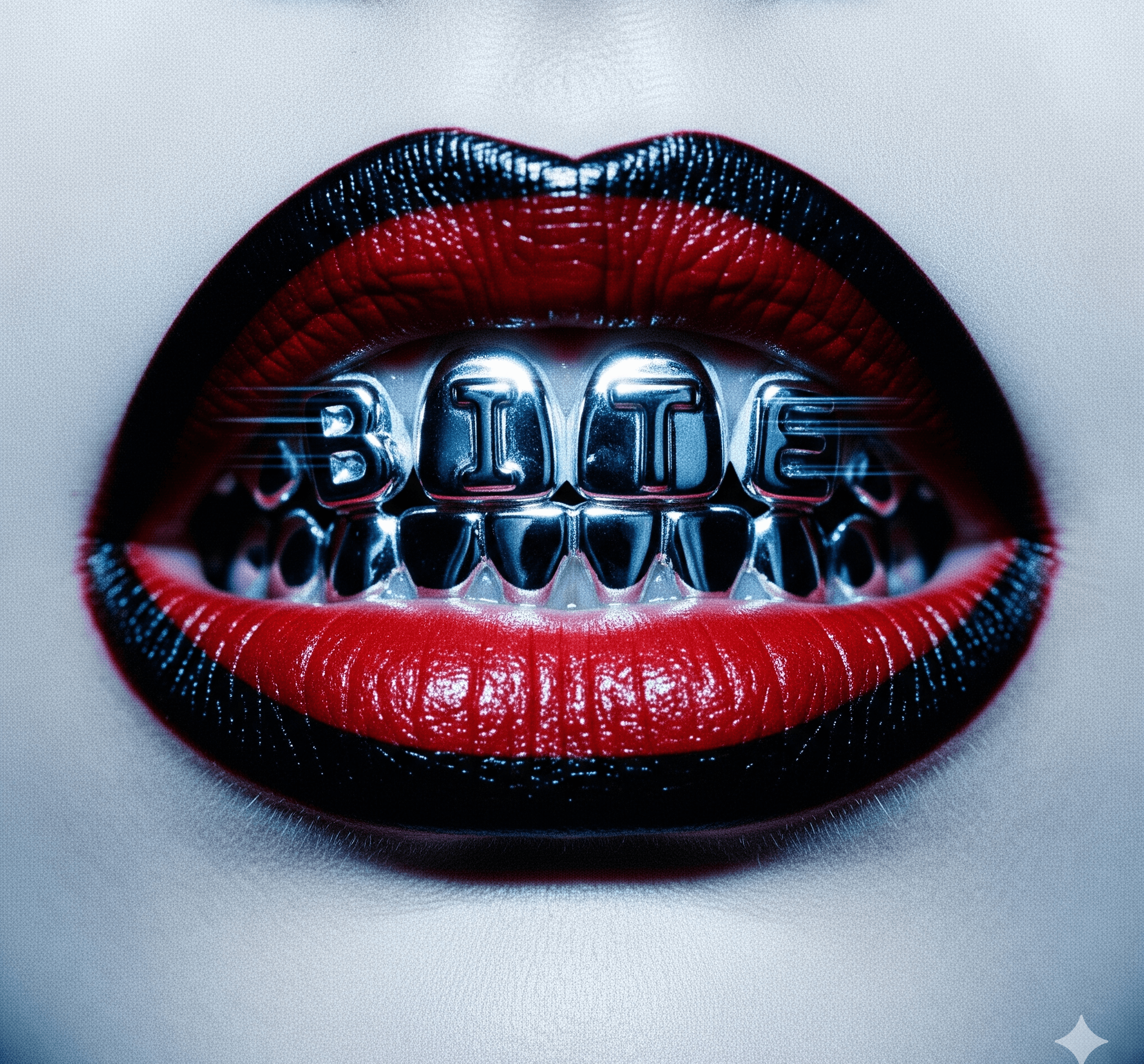 Close-up of mouth with glossy red-black lipstick and metallic teeth spelling 'BITE