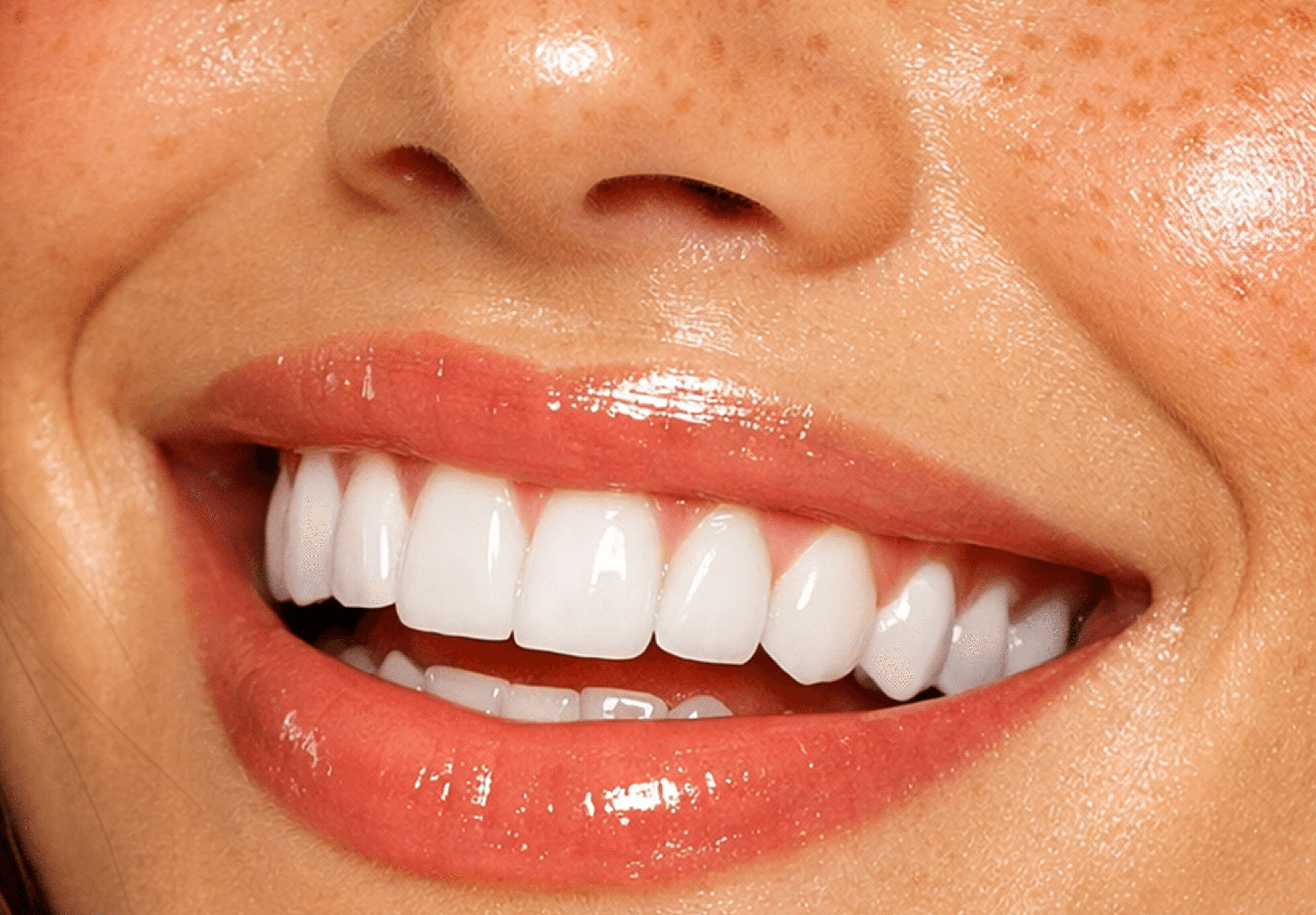 Close-up of glossy lips and white teeth.
