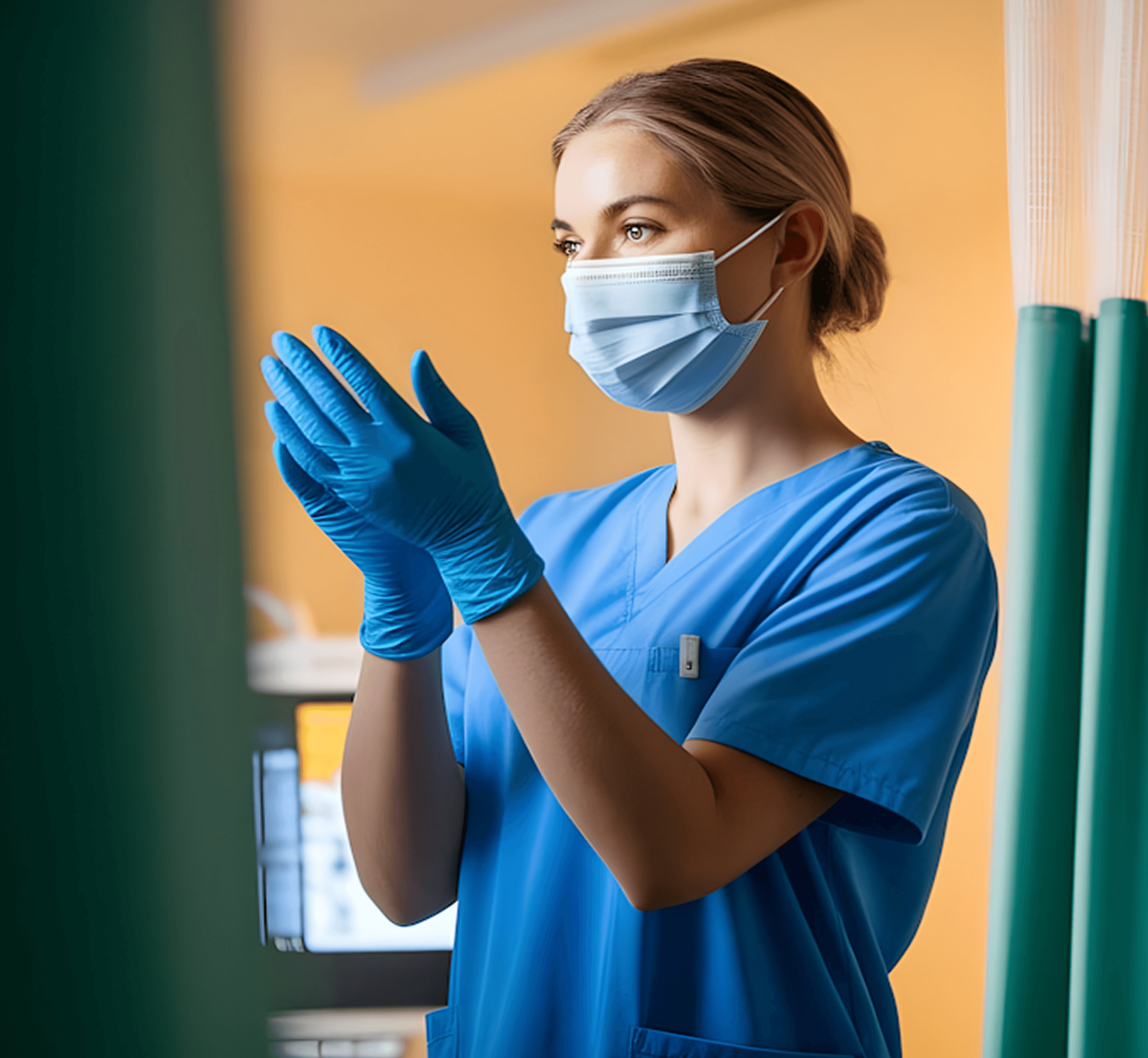Healthcare worker in blue scrubs adjusting gloves in clinical setting with green curtains and equipment