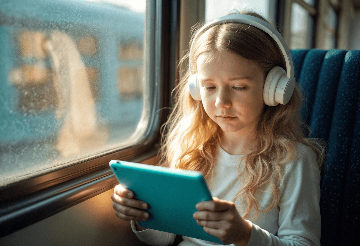 Child with headphones using tablet on train