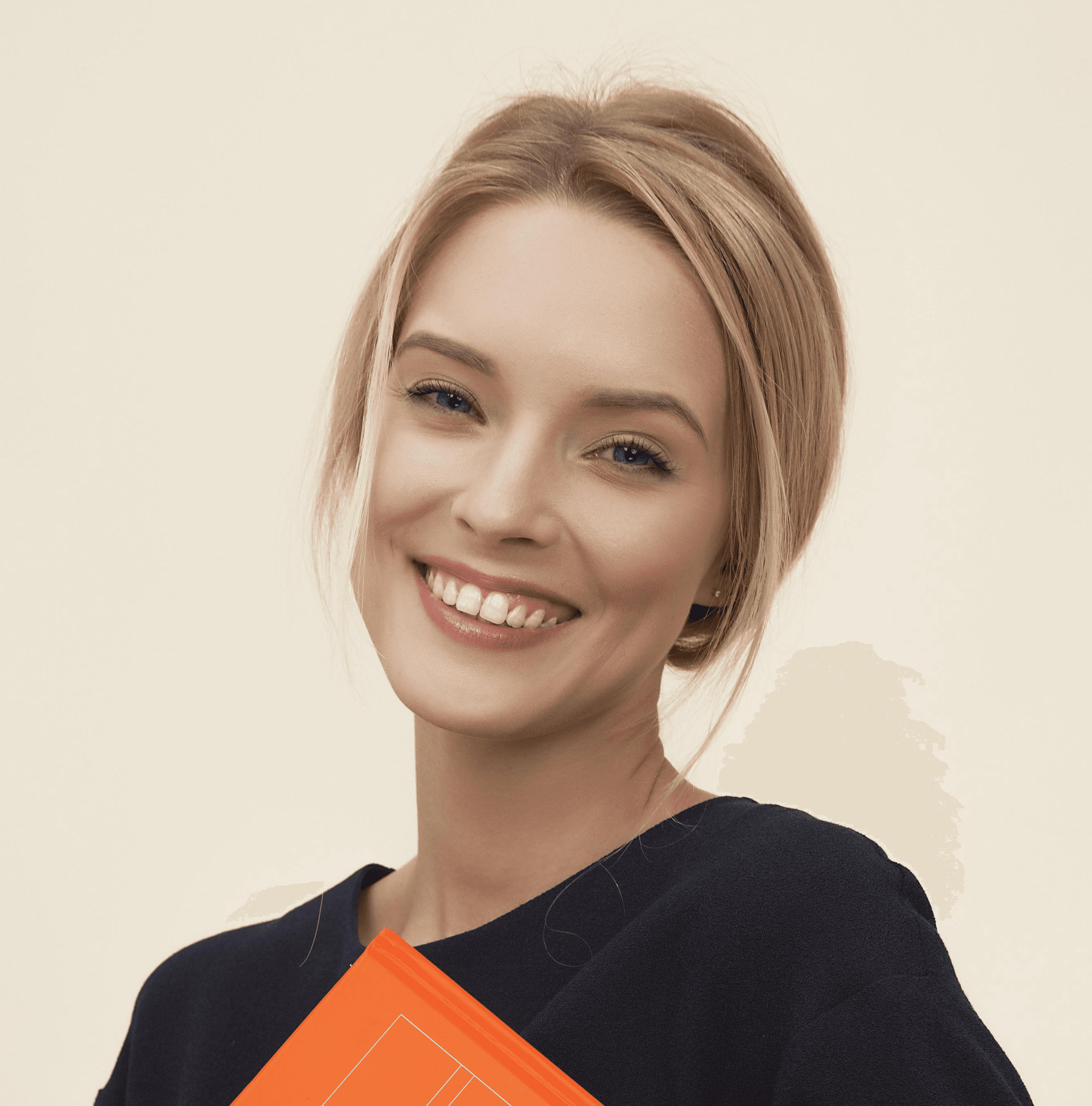 smiling woman standing while holding orange folder